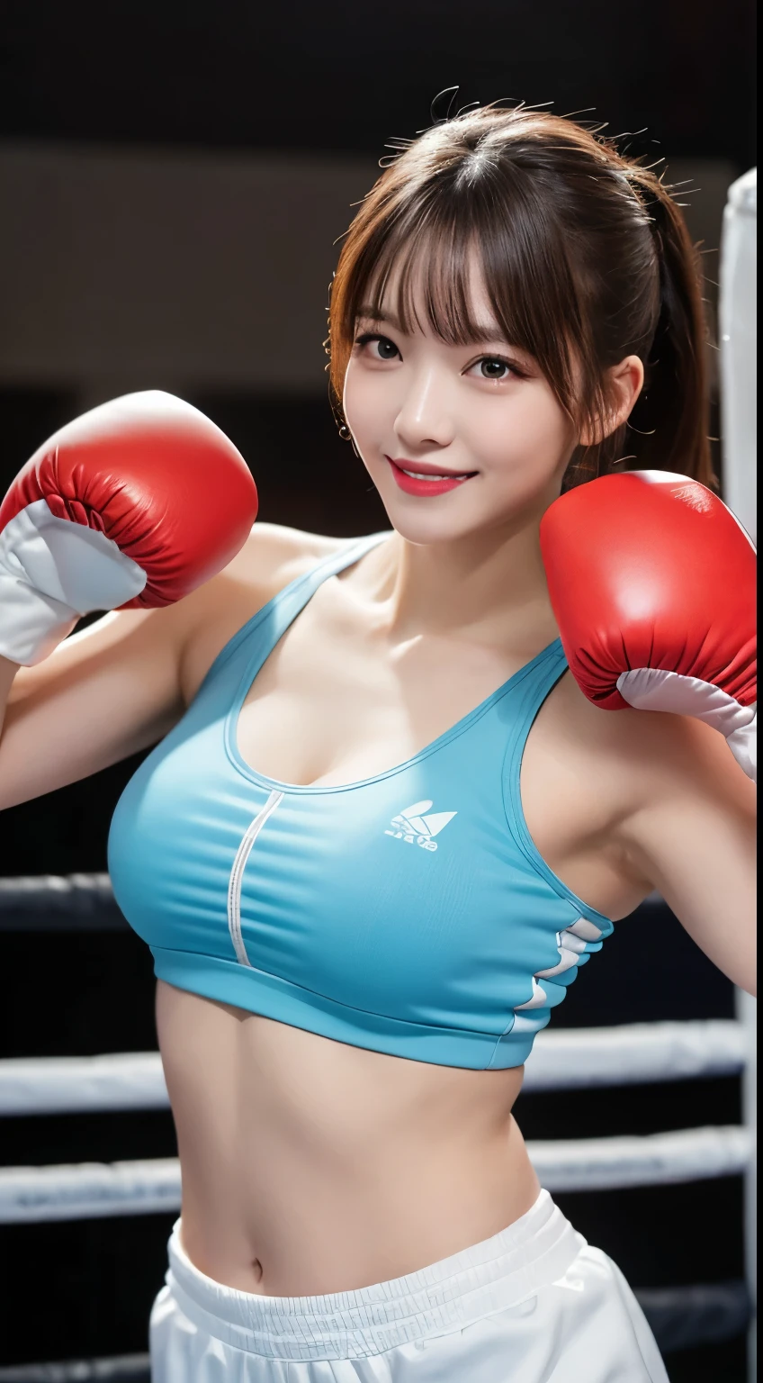 Tabletop, highest quality, shape, Very detailed, In detail, High resolution, 8k wallpaper, Perfect dynamic composition, Beautiful details, Yoga Wear,ponytail, Center of chest, Natural color lip, Random sexy poses,smile,Gym,whole body,Boxing gloves,Above the boxing ring,