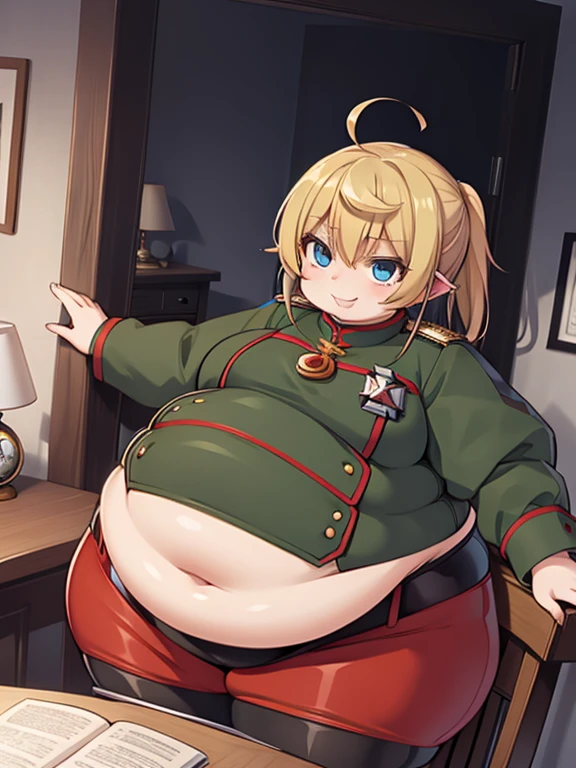 obese tanya degurechaff, uniforne miitar, obese , sorriso maligno, pequena estatura, olhos assassinos