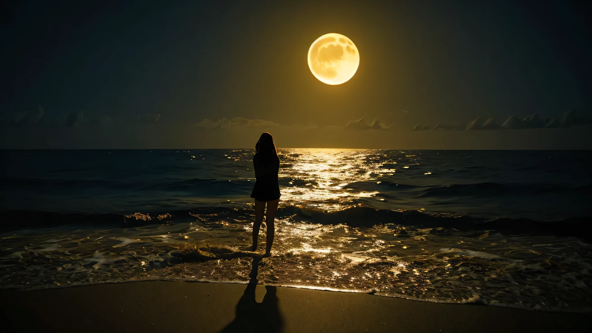 A full moon floating in the pitch black darkness, a yellow full moon floating above the horizon, the light of the full moon reflecting on the sea surface and stretching out on the sandy beach, a girl from behind looking at the full moon.