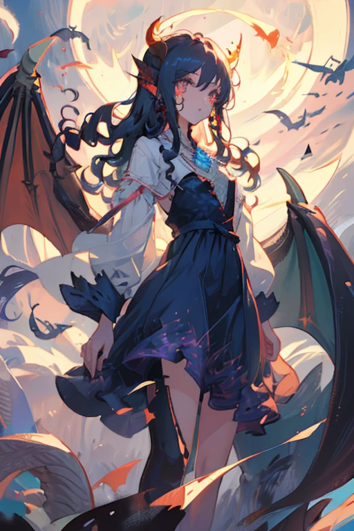 1girl, glowing eyes, wavy hair, demure ornate dress, scales, scales on face, dragon wings, medium chest, dragon horns, under the moon, slender figure, scaled humanoid, dragon eyes