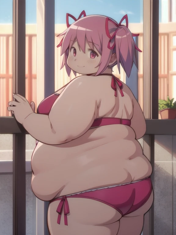 1girl, solo, masterpiece, best quality,
mahou shoujo madoka magica, obese kaname madoka, fat madoka kaname, pink eyes, pink hair, fat belly, fat arms, thick thighs, big butt, obese , chonky, short hair, twintails, hair ribbon, small breasts, pink bikini, Perfect fat body, body positive
cowboy shot, looking back,
blush, seductive smile, happy
outdoors, breach