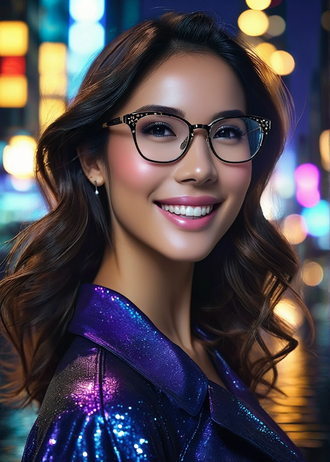 The main character is highlighted in the center of the image, occupying most of the frame, with her body fully presented; She turns back, looking over her shoulder with a smile that brings charm while her hair is touched by the wind. Realistic 4k Image of a Night City.
A nocturnal city with towering skyscrapers and twinkling lights that reflect off the rain-soaked streets. The sky is dotted with stars and the full moon shines brightly, creating a magical atmosphere. The colors of the city's lights vary between shades of blue, purple and pink, contrasting with the darker and more shadowy areas of the streets and buildings. *The main character is in this location and has a perfect feminine face, radiant with beauty and charm. Her skin is smooth and flawless, with a naturally luminous skin tone* However, some special features add a unique touch to her appearance:
Light Dimples: She has light dimples that appear delicately near her cheeks when she smiles, adding an adorable charm to her face.
Moles: Some moles are strategically scattered across her face, adding a touch of uniqueness and charm to her appearance.
Expression Lines on the Forehead: Slight expression lines on the forehead reveal her vivacity and expressiveness, adding an aura of maturity and authenticity to her beauty.
Half-Square Animal Print Glasses: She wears half-square prescription glasses, with animal print frames, adding an element of style and sophistication to her appearance. The glasses perfectly complement her face, highlighting her expression and personality.
Delicate Mouth: Her mouth is delicately designed, with soft, well-defined lips that add an aura of femininity and elegance to her natural beauty.
Black and well-defined eyes: her eyes are black and European in size, standing out for their depth and expressiveness. They radiate a captivating and mysterious energy, capturing the attention of everyone around them.
Scene:
Camera Configuration:
Camera Type: Professional high-resolution DSLR camer