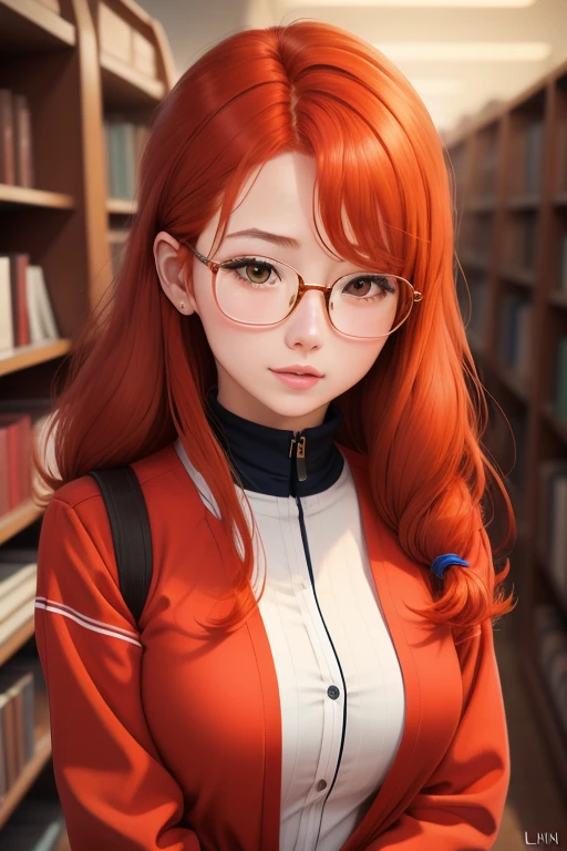 Une femme, 25 ans, cheveux longs, red hairs, rousse, beaucoup de Détails, dans un volcan, japanese outfit, collant, lunette, nattes, in a library