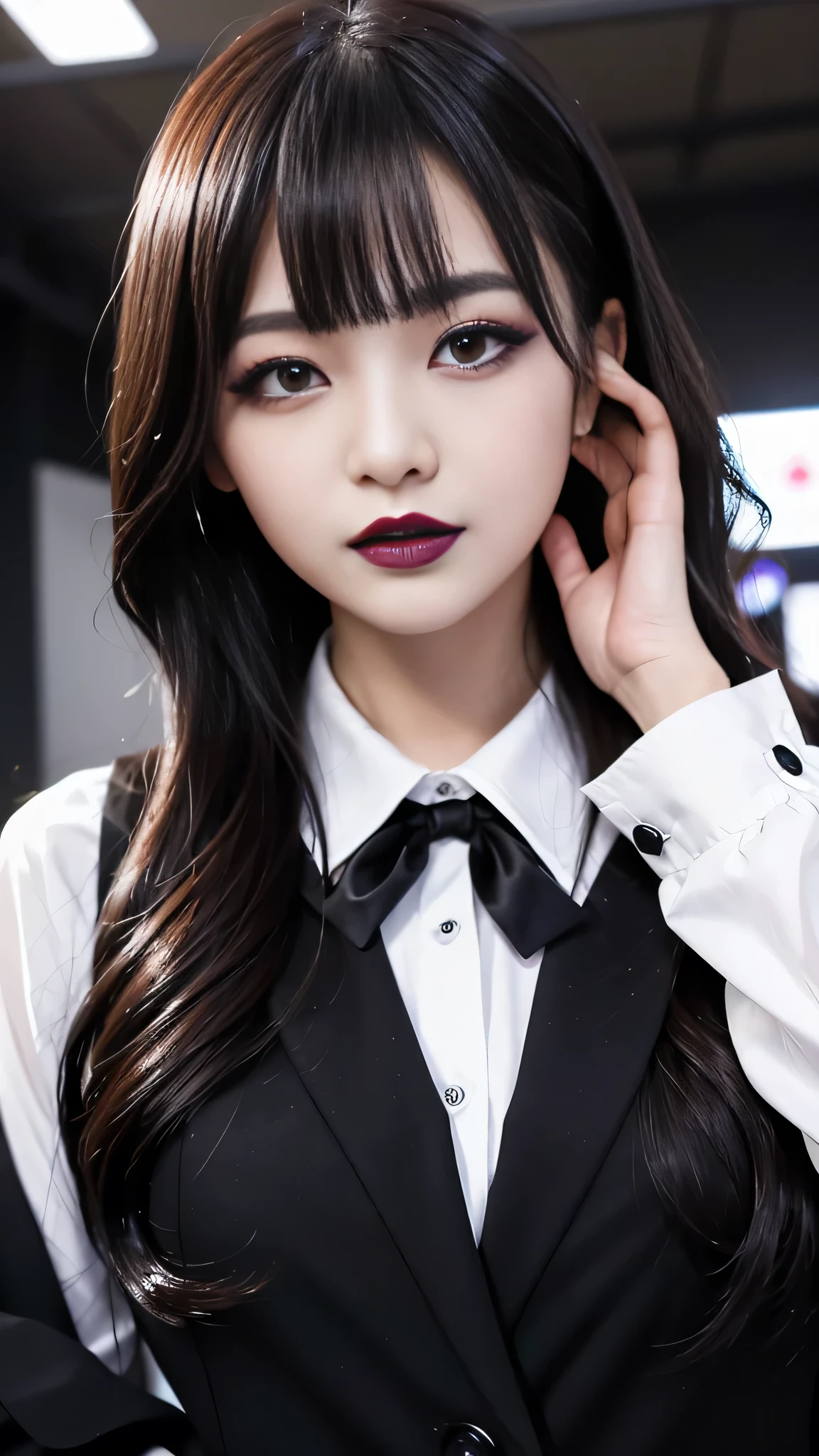 best quality、ultra-detailed、4k、Japanese、Seductive beauty、seductive adult woman、Pretty Woman、cool girl、Villainess、Brainwashed、brainwash、Fallen into evil、smirk、Evil look、Wicked Smile、evil、Brown hair、wavy hair、swept bangs、dark makeup、dark makeup、piercing eyes、hollow eyes,half-closed eyes、Hollow Eyes、purple Eyeshadow、black lipstick、black lipglos、student、uniform、Black blazer、White Shirt、Black Ribbon、flare skirt、night、inside school、Have lipstick、Emblem of Evil、Crest of Darkness、Swear allegiance、I have pledged my allegiance、Dye black、Blackening、Stained with evil、Dyed in darkness、Seduce