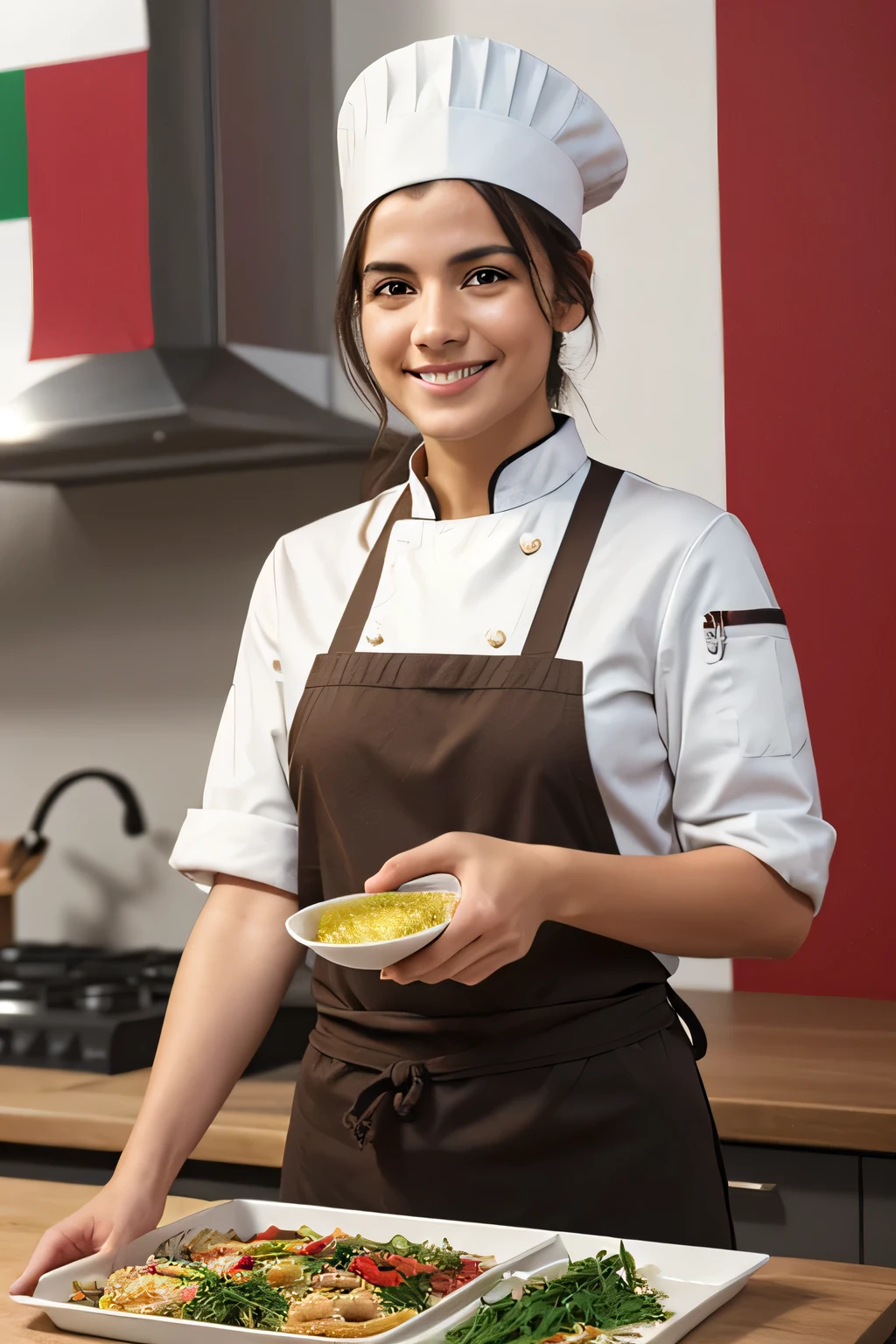 Smiling italian chef holding a brown box 20x15 cm with italian flag containing ingredients to prepare traditional italian dishes, photorealistic, 8k, photograph