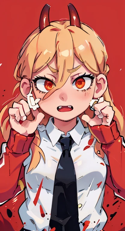 blond haired girl with horns and horns on her head, red contact lenses, luminous red eyes, red contacts, with glowing red eyes, bright red eyes, ((red)) baggy eyes, fully red eyes, fully red eyes no pupils, glowing red eyes, with red glowing eyes, power from chainsaw man, anime girl cosplay, red eyes, red hoodie, white shirt, black tie, blonde hair, red eyes, red horns, fingers under eyes, hands up, finger below eye, fingers curled