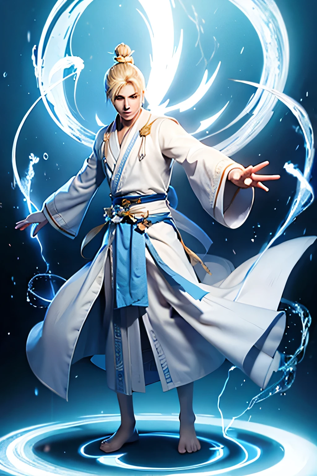 blond guy with a bun on his head, lightning magician in a white and blue Chinese robe dynamic pose, full height