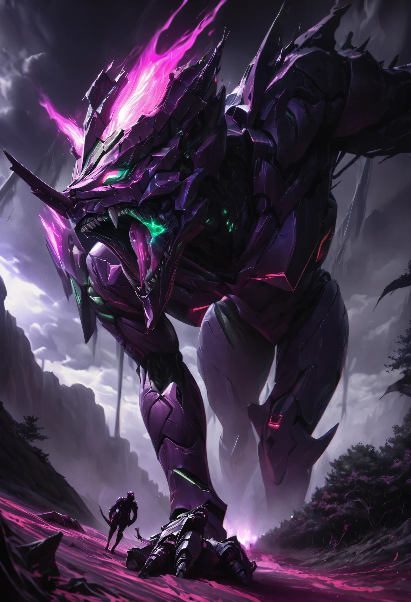 (best quality, 4k, ultra detailed, high resolution, masterpiece: 1.2), giant robotic humanoid (Eva 01) on all fours with its mouth open between trees in a valley, with its mouth open revealing intricate and detailed teeth and tongue, purple armor with glowing green highlights, human arm, berserk mode, and a thin and organic body covered with metallic armor, walking on all fours, smoke and dark atmosphere, green eyes, glowing eyes, bestial roar, broken armor revealing a living organism, thick blood,ominous clouds, dark illustration style, high contrast, dark shadows, atmospheric perspective, ominous colors, cinematic composition, volumetric lighting, numbers, brush strokes, dramatic lighting, low angle, surrealism, super detailed, hyperrealism
