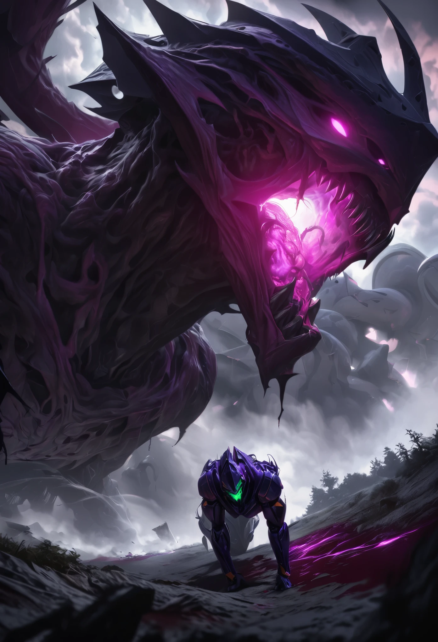 (best quality, 4k, ultra detailed, high resolution, masterpiece: 1.2), giant robotic humanoid (Eva 01) on all fours with its mouth open between trees in a valley, with its mouth open revealing intricate and detailed teeth and tongue, purple armor with glowing green highlights, human arm, berserk mode, and a thin and organic body covered with metallic armor, walking on all fours, smoke and dark atmosphere, green eyes, glowing eyes, bestial roar, broken armor revealing a living organism, thick blood,ominous clouds, dark illustration style, high contrast, dark shadows, atmospheric perspective, ominous colors, cinematic composition, volumetric lighting, numbers, brush strokes, dramatic lighting, low angle, surrealism, super detailed, hyperrealism