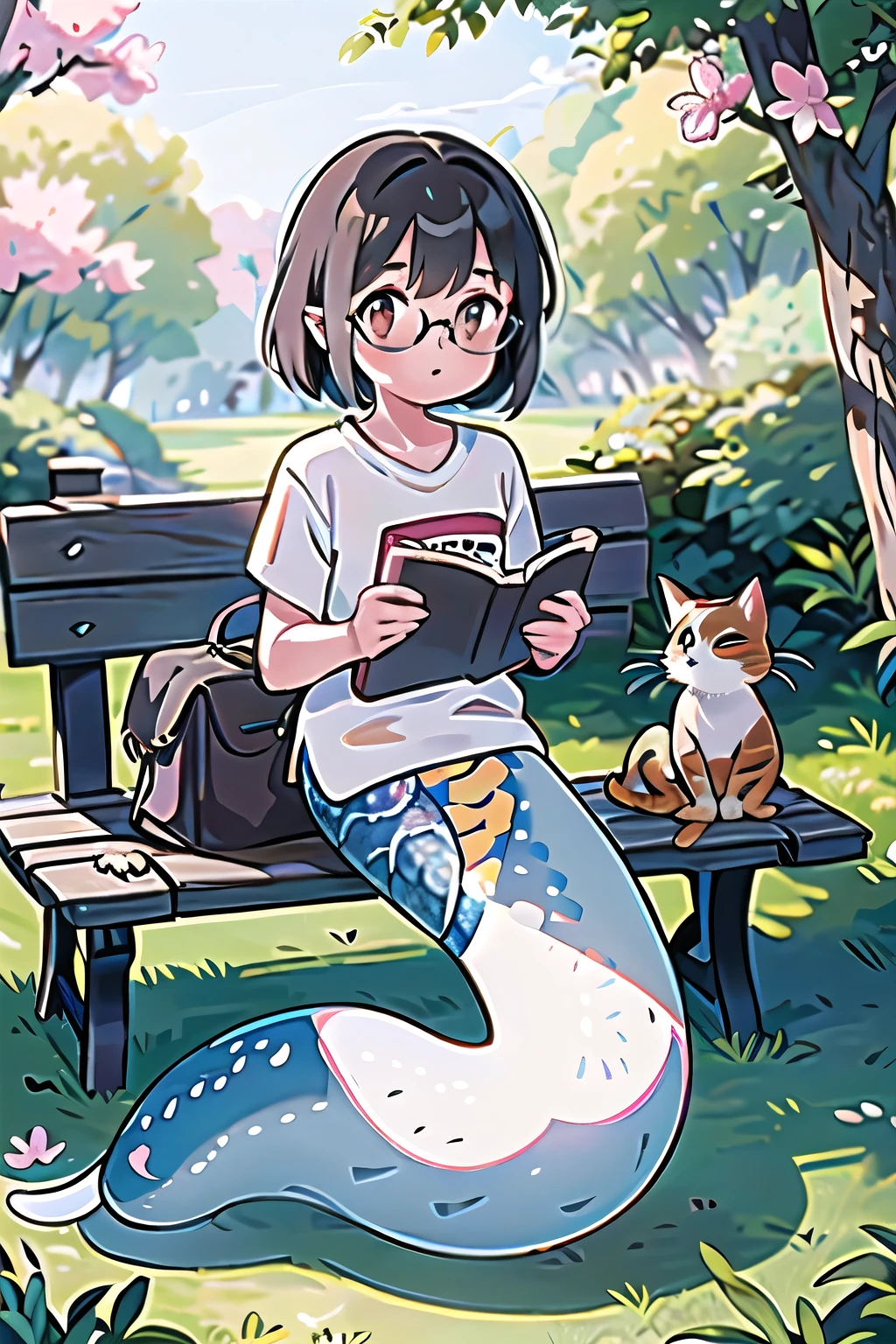 Anime girl sitting on a bench with a cat and a book - SeaArt AI
