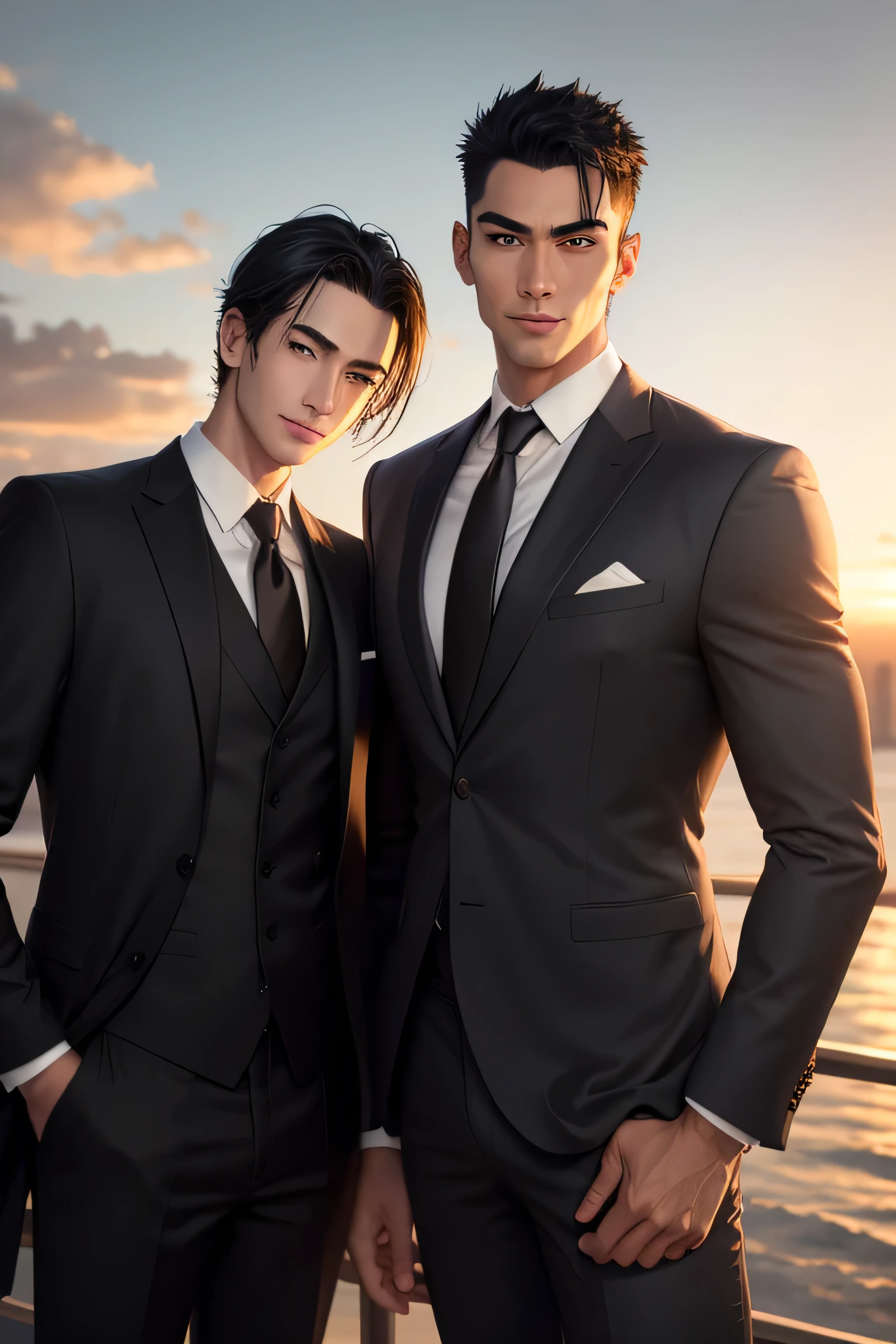 masterpiece, best quality, realistic, 2 man, male focus, mature, 1 tall muscular and another skinny cute, handsome, [thick eyebrows:0.5], smile, suit, portrait, extremely detailed face, (black hair), (very short hair:1.3, forehead), (suit:1.3), sunset sky, dusk, hate each other