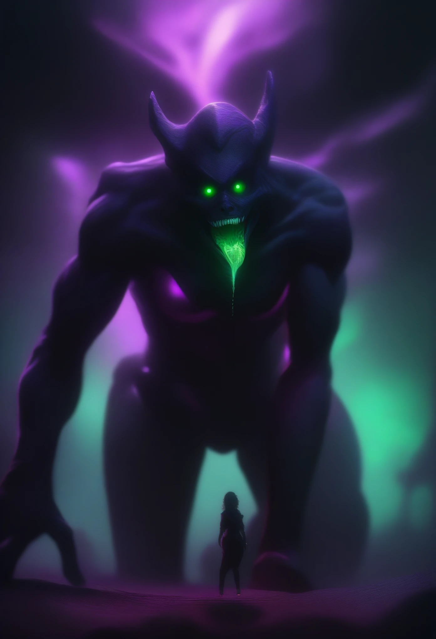 (best quality, 4k, ultra detailed, high resolution, masterpiece: 1.2), giant robotic humanoid (Eva 01) on all fours with its mouth open between trees in a valley, with its mouth open revealing intricate and detailed teeth and tongue, purple armor with glowing green highlights, human arm, berserk mode, and a thin and organic body covered with metallic armor, walking on all fours, smoke and dark atmosphere, green eyes, glowing eyes, bestial roar, broken armor revealing a living organism, thick blood,ominous clouds, dark illustration style, high contrast, dark shadows, atmospheric perspective, ominous colors, cinematic composition, volumetric lighting, numbers, brush strokes, dramatic lighting, low angle, surrealism, super detailed, hyperrealism