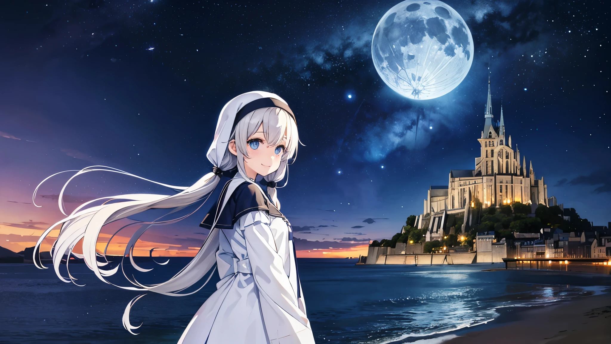 Mont Saint-Michel Abbey floating on the sea、moonlight、Big Moon、Starry Sky、milky way、Light blue long hair、Beautiful girl with twin tails、Nuns、Adorable smile、