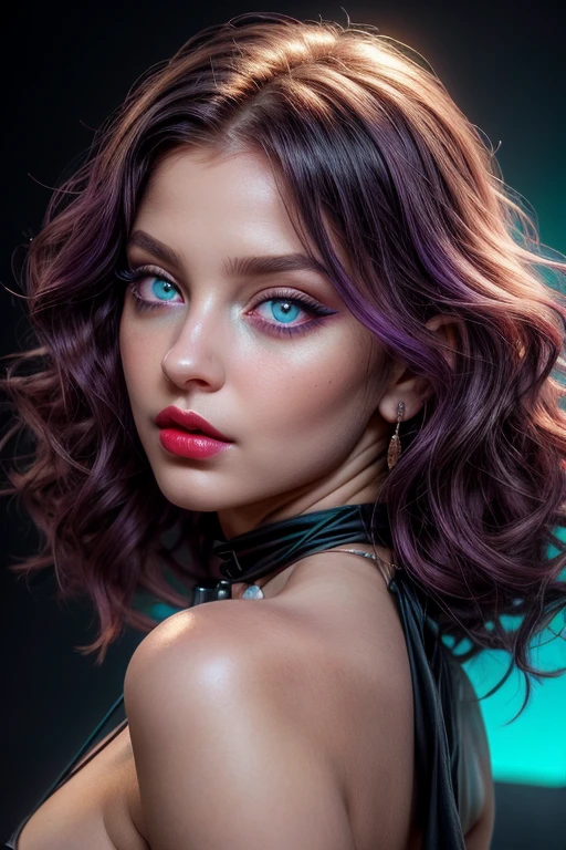 beautiful young girl with wavy purple hair, (((waist-high body view))), black necklace around the neck, ((light bright turquoise eyes)), Artgerm, Стэнли Artgerm Лау, a digital painting of an, digital art, (((Without clothing))), ((((I look at the viewer)))), ((pale red lips)), (pale skin), Heavy black makeup, black eyeliner and eye shadow, high volume hair, (cute face), photo realistic, masterpiece, 1 girl, Best quality, portrait, 8K, Hyper-realistic lighting,