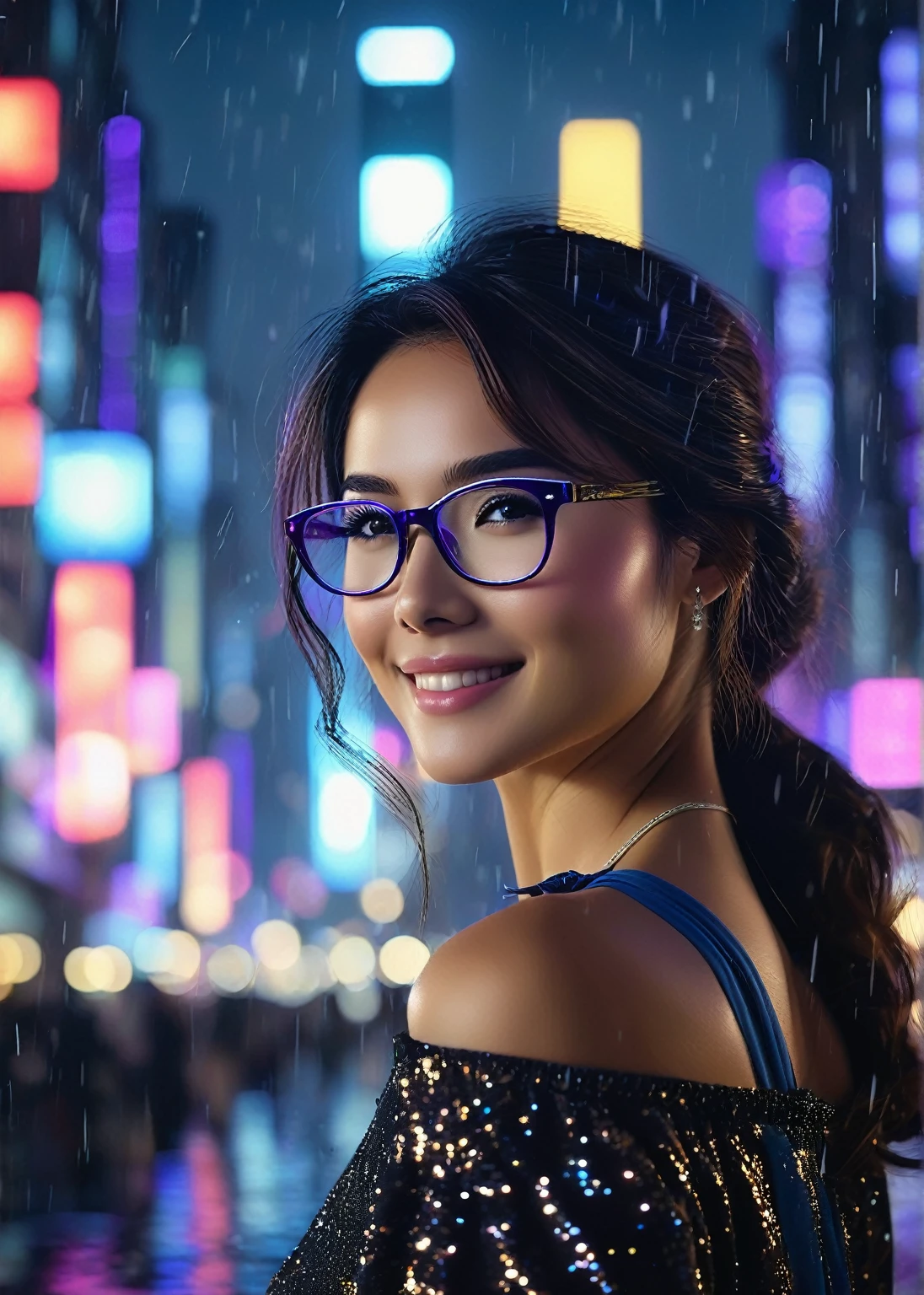 The main character is highlighted in the center of the image, occupying most of the frame, with her body fully presented; She turns back, looking over her shoulder with a smile that brings charm while her hair is touched by the wind. Realistic 4k Image of a Night City.
A nocturnal city with towering skyscrapers and twinkling lights that reflect off the rain-soaked streets. The sky is dotted with stars and the full moon shines brightly, creating a magical atmosphere. The colors of the city's lights vary between shades of blue, purple and pink, contrasting with the darker and more shadowy areas of the streets and buildings. *The main character is in this location and has a perfect feminine face, radiant with beauty and charm. Her skin is smooth and flawless, with a naturally luminous skin tone. * She wears half-square prescription glasses with animal print frames, adding an element of style and sophistication to her appearance. The glasses perfectly complement her face, highlighting her expression and personality. However, some special features add a unique touch to her appearance:
Light Dimples: She has light dimples that appear delicately near her cheeks when she smiles, adding an adorable charm to her face.
Moles: Some moles are strategically scattered across her face, adding a touch of uniqueness and charm to her appearance.
Expression Lines on the Forehead: Slight expression lines on the forehead reveal her vivacity and expressiveness, adding an aura of maturity and authenticity to her beauty.
Delicate Mouth: Her mouth is delicately designed, with soft, well-defined lips that add an aura of femininity and elegance to her natural beauty.
Black and well-defined eyes: her eyes are black and European in size, standing out for their depth and expressiveness. They radiate a captivating and mysterious energy, capturing the attention of everyone around them.
Scene:
Camera Configuration:
Camera Type: Professional high-resolution DSLR camera.
Lens: Standard 50mm lens to ca