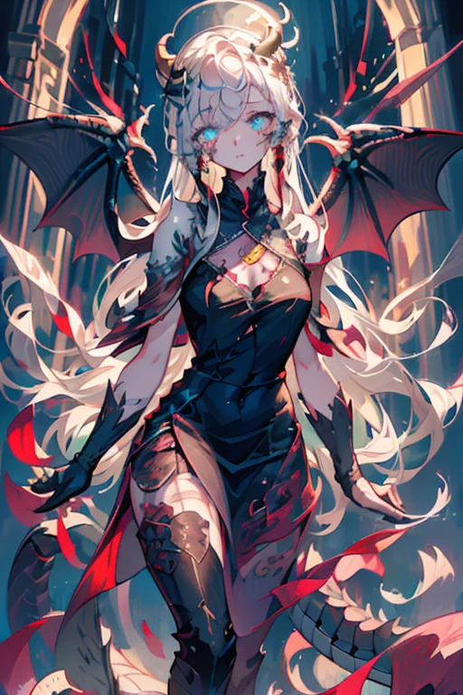 1girl, glowing eyes, wavy hair, demure ornate dress, scales, scales on face, dragon wings, medium chest, dragon horns, under the moon, slender figure, scaled humanoid, dragon eyes, (Intricate details:1.2), (Highly detailed face and eyes:1.2)
