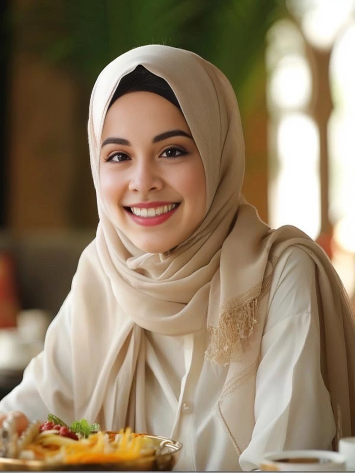 Smiling woman wearing hijab sitting at table with plate of food, Inspired by Nazmi Siya Kuran, arab Amera al-Taweel, arab Amera Al Taweel, Amera Al Taweel, greek Amera Al Taweel, Amera al-Taweel, Inspiration from Maryam Hashemi, Mutahar laughed.
