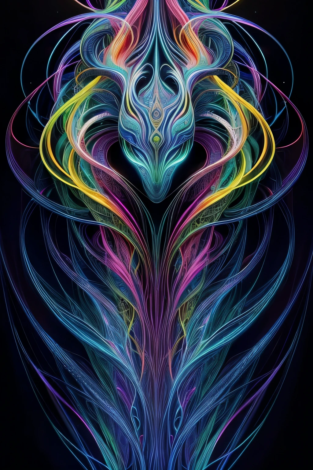 A mesmerizing alien creature, with intricate patterns and vibrant colors that leave one spellbound, graces this hyper-realistic digital painting. Tendrils of iridescent hues twist and intertwine in a surreal dance of light and shadow, creating a vision unlike any other on Earth. The alien's ethereal beauty is captured in the most minutely detailed manner, pushing the boundaries of imagination. The image exudes an otherworldly allure, with every curve and contour rendered with impeccable precision, leaving viewers in awe of its unparalleled magnificence. This masterpiece, depicted in a 1:1 ratio, utilizes cinematic lighting and side ill