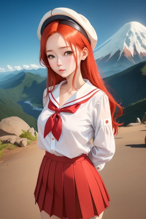 Une femme, 25 ans, cheveux longs, red hairs, rousse, beaucoup de Détails, dans un volcan, japanese outfit (sailor, chemise blanche, pleated skirt), collant, lunette, nattes, in a library