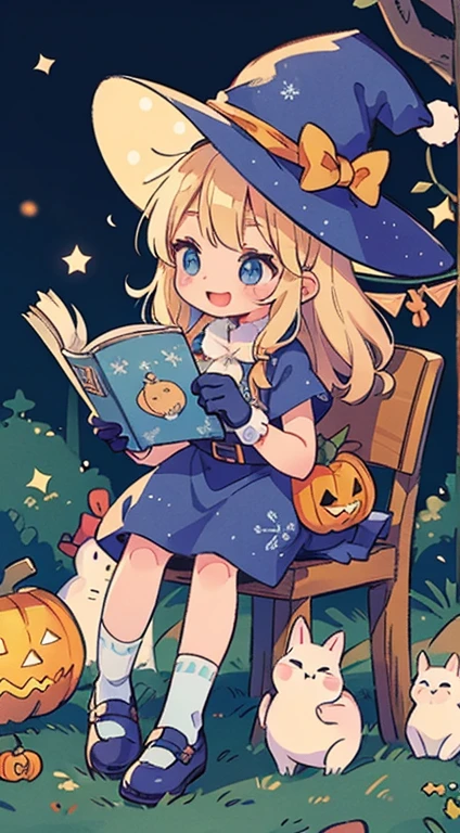 Cute christmasTheme、full body Esbian、A smile、 The Wand and the Magic Book、Glamorous Hat、Halloween Accessories、Draw clothes buttons and pockets in a christmas style、Cute shoes、sit a chair、bio luminescent、radiant light, open mouth, witch hat, blue eyes, fingerless gloves,