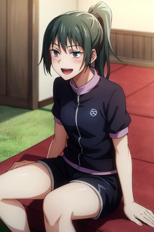 ((highest quality)), ((masterpiece)), (be familiar with), Perfect Face, indoor, Bedroom, Watching the audience,
One woman, Zenyuan Maki,
Open Mouth, Ecstatic expression, blush, smile,
Small breasts, Flat Chest, Young Girl, , , Girl,
Long Hair, ponytail,
Gym suit, White short sleeves, Black shorts, Leg spread,