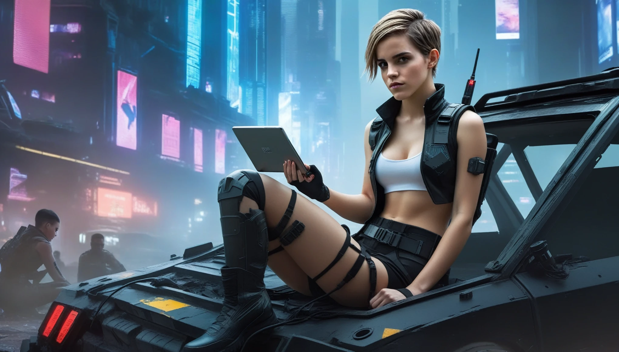 A young female hacker sitting on the hood of a wrecked APC in a cyberpunk metropolis facing the viewer, right arm resting on her waist, left arm held forward holding a transparent smart tablet, short undercut haircut, immaculate skin, scared look on her face, tears on her face, full lips, small breasts, strong legs, fullbody back and red skintight cyberpunk underarmor with intricate hexagon pattern, swat combat vest with attached wearable computer, black leather utility belt with multimeter and some probes attached, thigh high black latex boots, cutoff white gloves, no makeup, natural fingernails, emma watson, Apocalyptic Style: