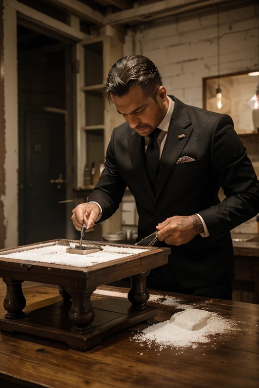 when a man try to fire some vessels on a powdered table, getting confused by the blow, the mafia contracting his artwork