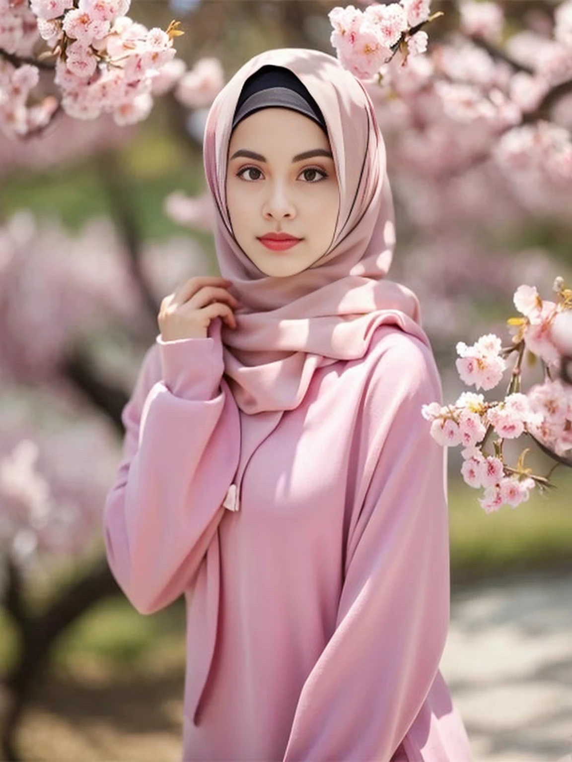 a woman wearing a pink hijab standing in front of a tree, pastel pink, pastel pink skin tone, hijab, pastel pink, Flowing cherry blossom silk, beautiful iranian woman, Inspiration from Maryam Hashemi, in the pink forest, Inspired by Nazmi Siya Kuran, Sakura season, beautiful arab woman, with flowers, pink girl, Shades of pink, wearing a pastel pink hoodie
