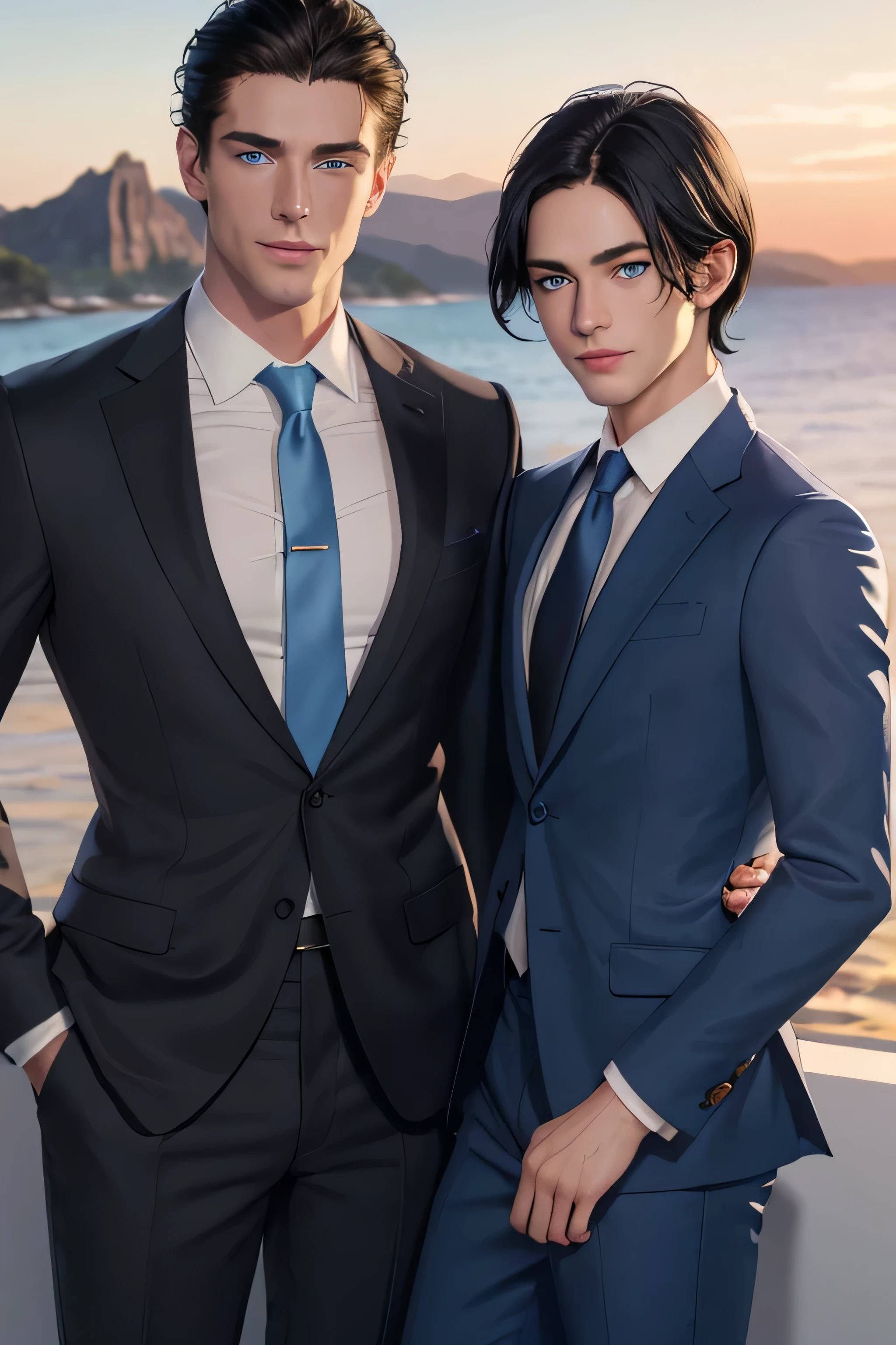 masterpiece, best quality, realistic, 2 man, male focus, mature, 1 tall muscular handsome with blue eyes like sea and another skinny small and cute with blue eyes like sky, [thick eyebrows:0.5], smile, suit, portrait, extremely detailed face, (black hair), (short hair:1.3, forehead), (suit:1.3), sunset sky, dusk, love each other