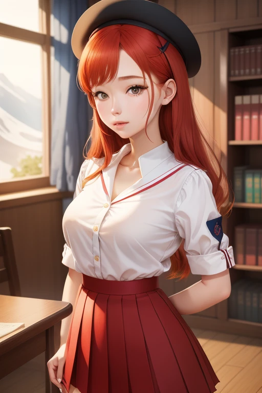 Une femme, 25 ans, cheveux longs, red hairs, rousse, beaucoup de Détails, dans un volcan, japanese  outfit (sailor, chemise blanche, pleated skirt), collant, lunette, nattes, in a library