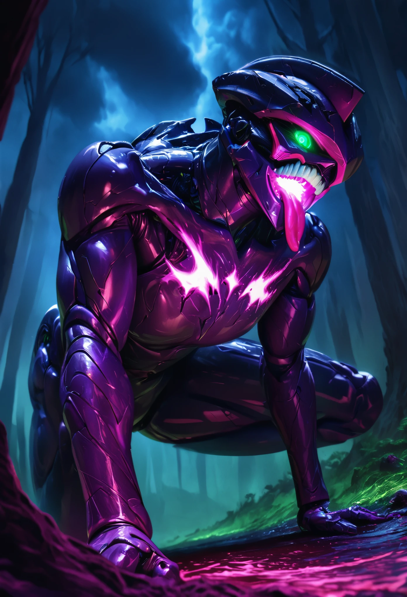 (best quality, 4k, ultra detailed, high resolution, masterpiece: 1.2), giant robotic humanoid (Eva 01) on all fours with its mouth open between trees in a valley, with its mouth open revealing intricate and detailed teeth and tongue, purple armor with glowing green highlights, human arm, berserk mode, and a thin and organic body covered with metallic armor, walking on all fours, smoke and dark atmosphere, green eyes, glowing eyes, bestial roar, broken armor revealing a living organism, thick blood,ominous clouds, dark illustration style, high contrast, dark shadows, atmospheric perspective, ominous colors, cinematic composition, volumetric lighting, numbers, brush strokes, dramatic lighting, low angle, surrealism, super detailed, hyperrealism