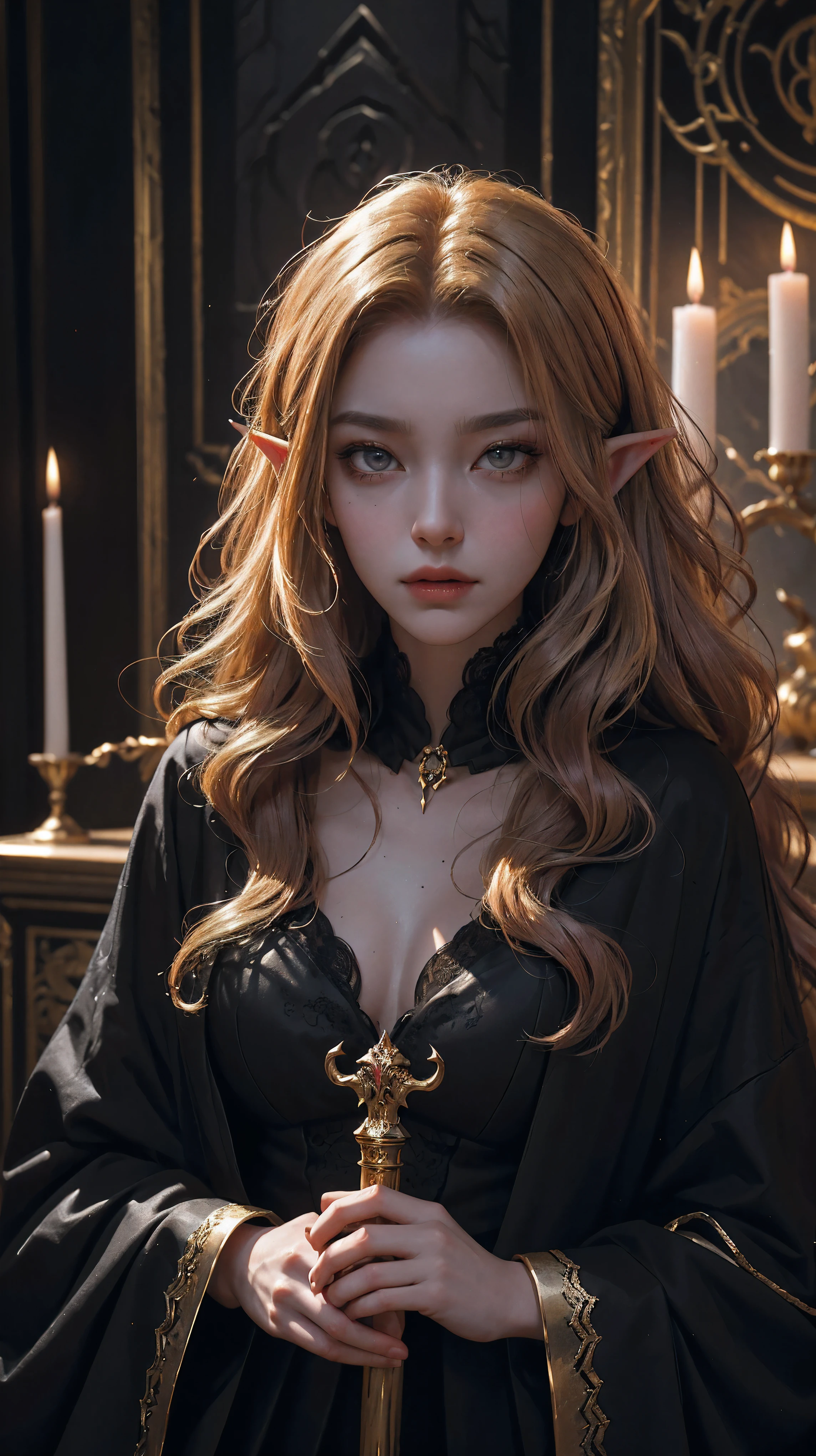 golden hair, A malevolent elf sorcerer exuding malice and thirst for revenge, her dark magic and godly power evident in the sinister aura surrounding her. The eerily calm features of her face reflect the depths of her evil intent, with glowing golden eyes that seem to pierce through one's soul a juxtaposyition to her flowing pink wavy locks that scream innocence. She is adorned with a black robe and delicate gold jewelry. This striking image, possibly a digital painting, captures the essence of her malevolence with impeccable detail and depth, drawing viewers into a world of dark fantasy and intrigue.
