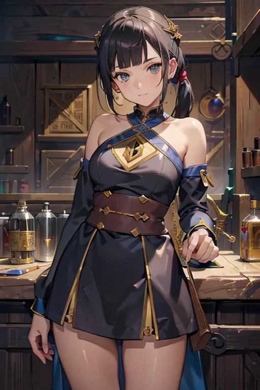 (fantasy:1.5),(anime,8k,masterpiece, top quality, best quality,beautiful and aesthetic:1.2,professional illustrasion:1.1,ultra detail:1.3,perfect lighting),extremely detailed,highest detailed,incredibly absurdres , highres, ultra detailed,intricate:1.6,(Alchemy Workshop:1.4),A girl mixing,Medicine in many small bottles,holding small potion,colorful:1.4,zentangle,(1girl),(girl),(Three kingdoms female warload),(highly detailed beautiful face and eyes,firm breasts),oily skin,((black,hair,short bob with short pony tail hair)),thin pubic hair,cute,lovely,,alchemist costume,Merchant's Clothing,smile