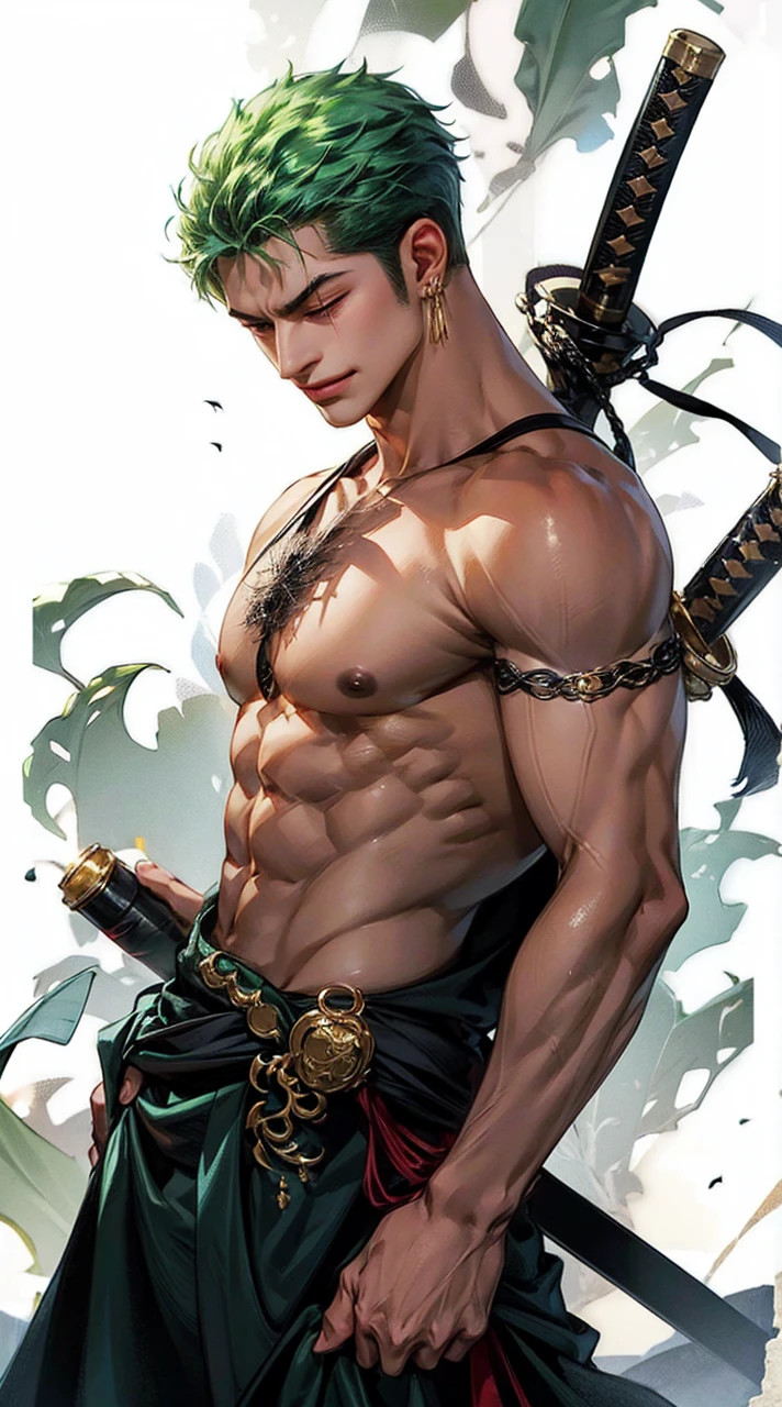 Handsome, 1 man, alone, black kimono, tanned skin, muscular, big muscle, smirk, green hair, empty background