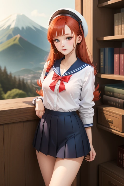 Une femme, 25 ans, cheveux longs, red hairs, rousse, beaucoup de Détails, dans un volcan, japanese outfit (sailor, chemise blanche, pleated skirt), collant, lunette, nattes, in a library