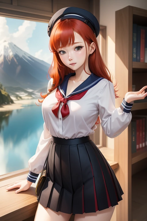Une femme, 25 ans, cheveux longs, red hairs, rousse, beaucoup de Détails, dans un volcan, japanese outfit (sailor, chemise blanche, pleated skirt), collant, lunette, nattes, in a library