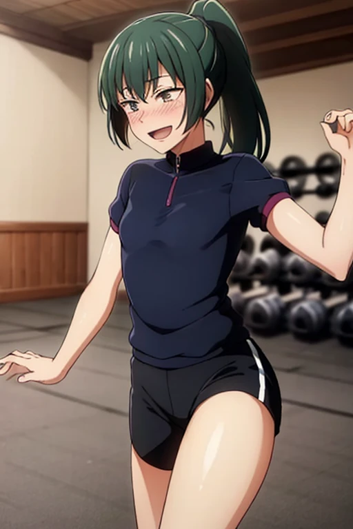 ((highest quality)), ((masterpiece)), (be familiar with), Perfect Face, indoor, Bedroom, Watching the audience,
One woman, Zenyuan Maki,
Open Mouth, Ecstatic expression, blush, smile,
Small breasts, Flat Chest, Young Girl, , , Girl,
Long Hair, ponytail,
Gym suit, White short sleeves, Black shorts, Leg spread,