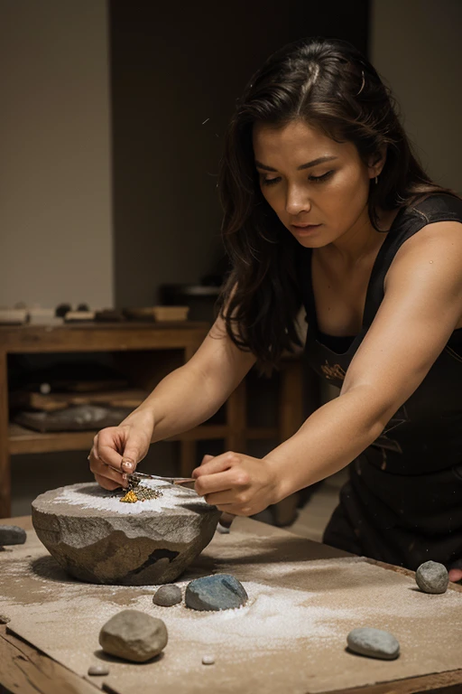 when a woman try to fire some stones on a powdered table, getting confused by the blow, the evil contracting his artwork