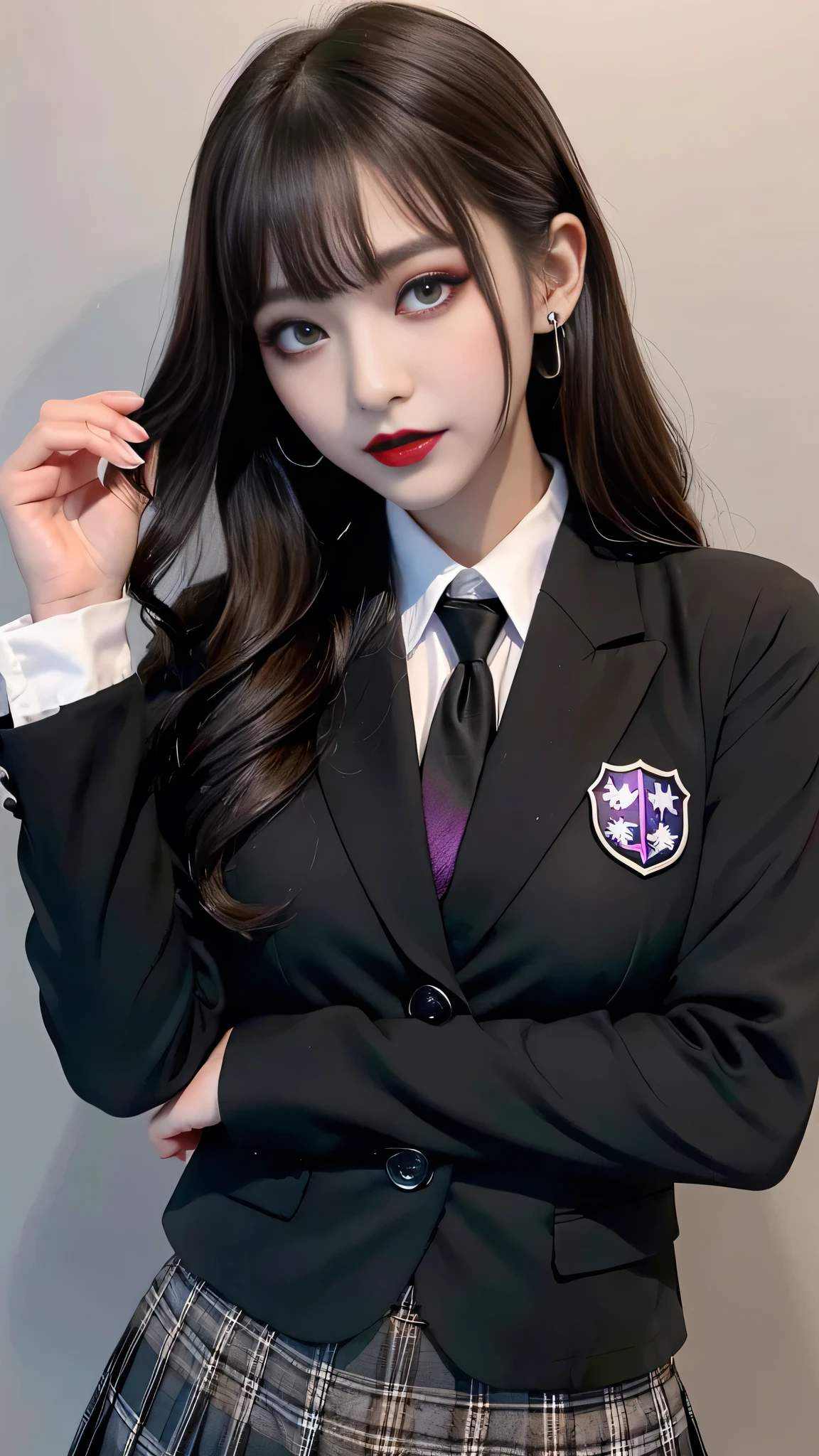 best quality、ultra-detailed、4k、Japanese、Seductive beauty、seductive adult woman、Pretty Woman、cool girl、Villainess、Brainwashed、brainwash、Fallen into evil、smirk、Evil look、Wicked Smile、evil、Brown hair、wavy hair、swept bangs、dark makeup、dark makeup、piercing eyes、hollow eyes,half-closed eyes、Hollow Eyes、purple Eyeshadow、black lipstick、black lipglos、student、uniform、Black blazer、White Shirt、Black Ribbon、flare skirt、night、inside school、Have lipstick、Emblem of Evil、Crest of Darkness、Swear allegiance、I have pledged my allegiance、Dye black、Blackening、Stained with evil、Dyed in darkness、Seduce