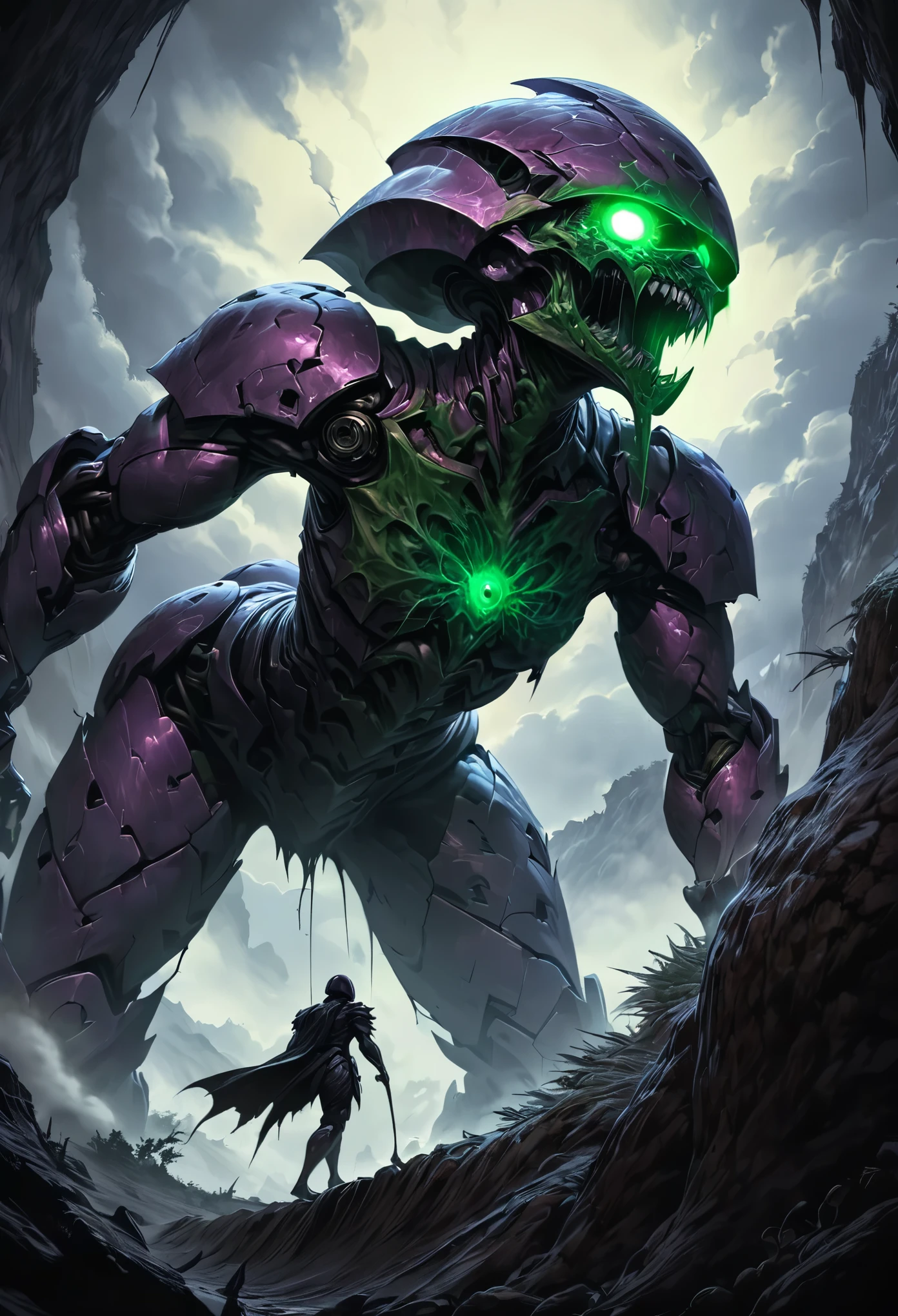 (best quality, 4k, ultra detailed, high resolution, masterpiece: 1.2), giant robotic humanoid (Eva 01) on all fours with its mouth open between trees in a valley, with its mouth open revealing intricate and detailed teeth and tongue, purple armor with glowing green highlights, human arm, berserk mode, and a thin and organic body covered with metallic armor, walking on all fours, smoke and dark atmosphere, green eyes, glowing eyes, bestial roar, broken armor revealing a living organism, thick blood,ominous clouds, dark illustration style, high contrast, dark shadows, atmospheric perspective, ominous colors, cinematic composition, volumetric lighting, numbers, brush strokes, dramatic lighting, low angle, surrealism, super detailed, hyperrealism