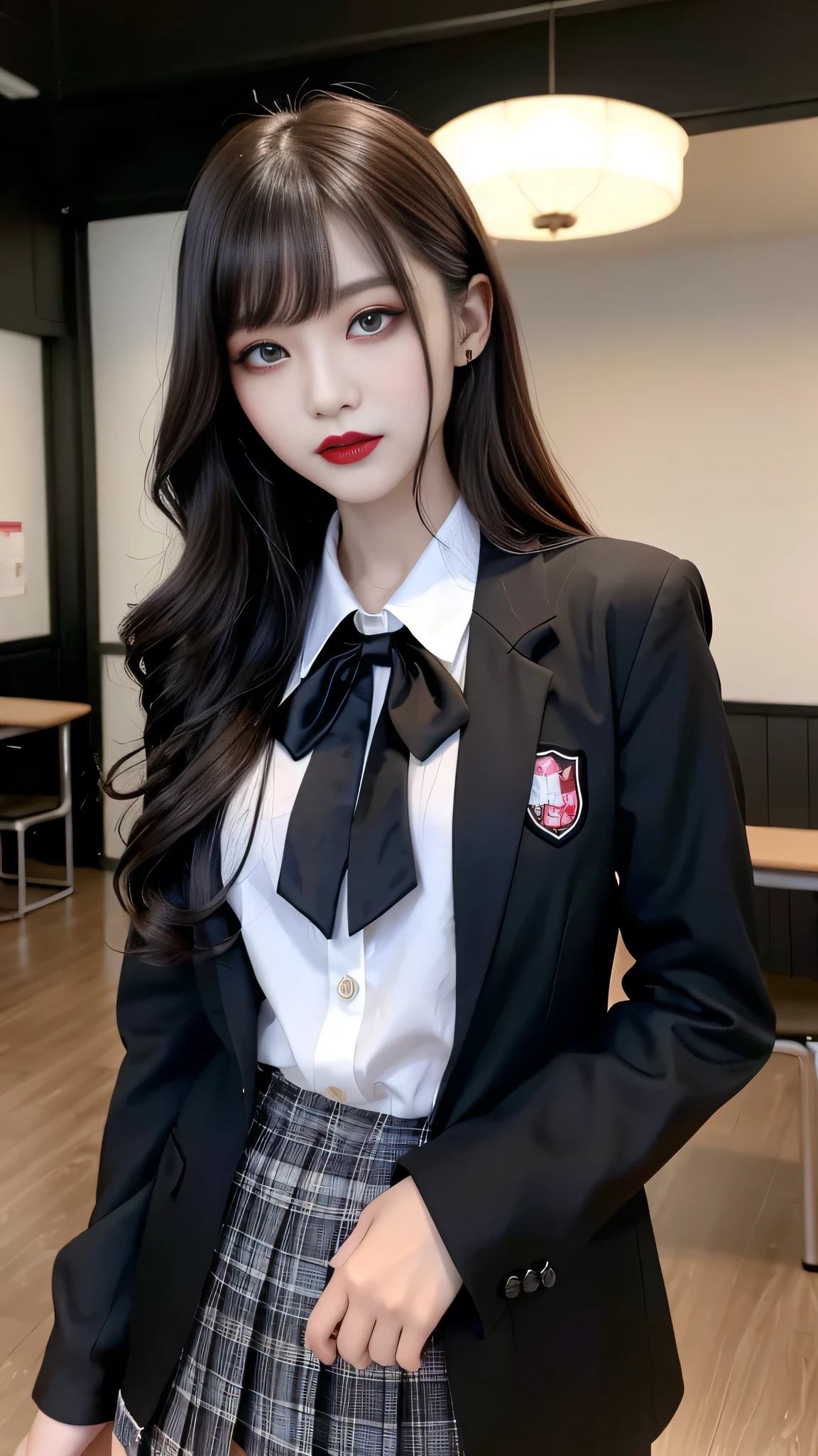 best quality、ultra-detailed、4k、Japanese、Seductive beauty、seductive adult woman、Pretty Woman、cool girl、Villainess、Brainwashed、brainwash、Fallen into evil、smirk、Evil look、Wicked Smile、evil、Brown hair、wavy hair、swept bangs、dark makeup、dark makeup、piercing eyes、hollow eyes,half-closed eyes、Hollow Eyes、purple Eyeshadow、black lipstick、black lipglos、student、uniform、Black blazer、White Shirt、Black Ribbon、flare skirt、night、inside school、Have lipstick、Emblem of Evil、Crest of Darkness、Swear allegiance、I have pledged my allegiance、Dye black、Blackening、Stained with evil、Dyed in darkness、Seduce
