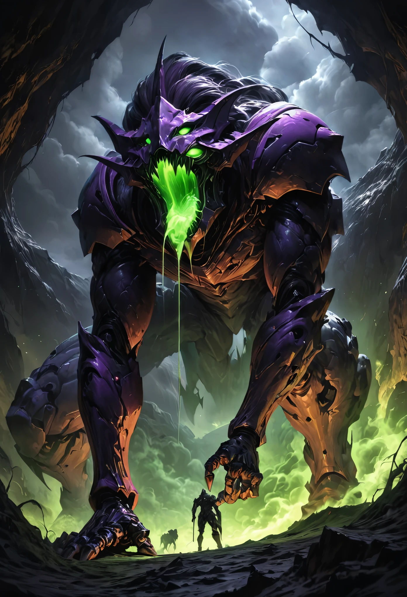 (best quality, 4k, ultra detailed, high resolution, masterpiece: 1.2), giant robotic humanoid (Eva 01) on all fours with its mouth open between trees in a valley, with its mouth open revealing intricate and detailed teeth and tongue, purple armor with glowing green highlights, human arm, berserk mode, and a thin and organic body covered with metallic armor, walking on all fours, smoke and dark atmosphere, green eyes, glowing eyes, bestial roar, broken armor revealing a living organism, thick blood,ominous clouds, dark illustration style, high contrast, dark shadows, atmospheric perspective, ominous colors, cinematic composition, volumetric lighting, numbers, brush strokes, dramatic lighting, low angle, surrealism, super detailed, hyperrealism