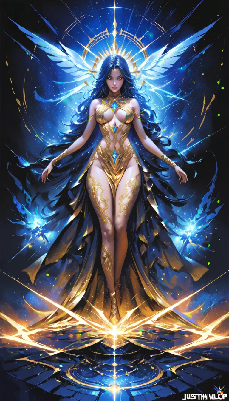 (The Goddess of Sand, snake skinned female human Goddess beautifully decorated like in the movie, Golden Dress, Shiny gold tattoo), (Galactic Shaman with Quantum Energy Fantasy), Fantasy magic, Long Hair, Dark light night, Complex, Ethereal, Sharp focus, figure, Very detailed, Digital Painting, Concept art, mat, (art：wlop), (Justin Gerard and Jason Edmiston: 1.5), (By Greg Rutkowski: 0.4), (By Alfonse Mucci: 0.4), masterpiece