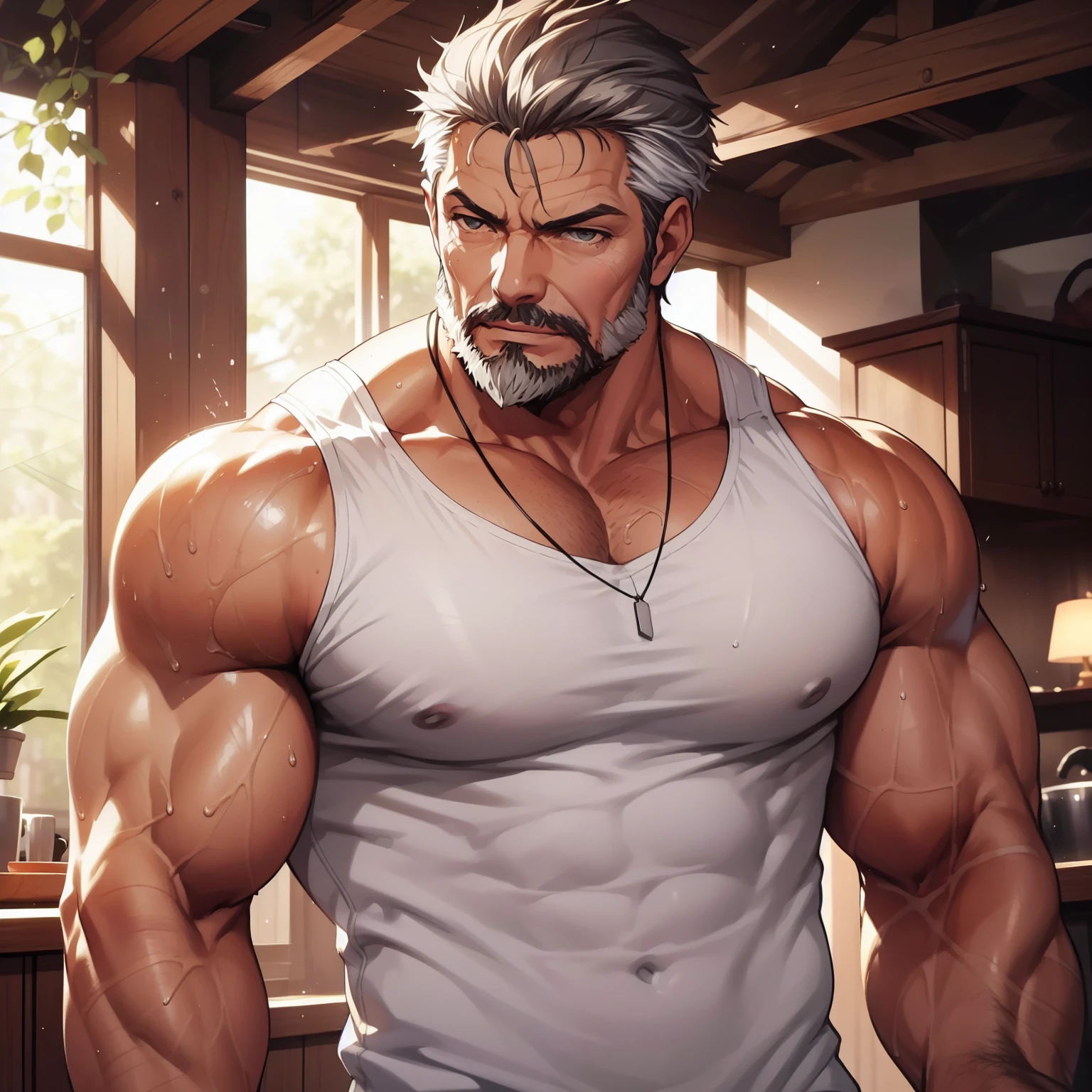 2 different handsome figthers, muito lascivo, imponente, Vista lateral, below pov, corpo inteiro, 50 years old, grey short hair , thick grey beard, dark oliva skin color, peitorais largos, peitorais enornes, hair chest, pose sensual, he is in fourth, rindo do espectador, wearing a tight white tank top, wet body, bare arms, big bulge, thick thights, Obra-prima maravilhosa altamente detalhada, beautiful cinematic light deep focus, elegante, Pintura digital, sementes, sharp focus, golden ratio, dramatic lighting, 8k