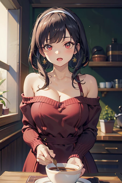 masterpiece, 1girl, Amazing Cleavage:1.3, thin waist, big ass, Raised sexy, medium breast:1.3,posed cleavage:1.2,solo, looking at viewer, open mouth, have a cup of coffee,black hair, red eyes, dress, bare shoulders, jewelry, collarbone, sidelocks, hairband, earrings, indoors, off shoulder, :o, sweater, arms behind back, plant, short hair with long locks, white hairband, off-shoulder dress, sweater dress, off-shoulder sweater, red sweater, big side hair, very long side hair,is rendered in (masterpiece: 1.2, best quality), with (ultra high resolution) and an exquisite (depth of field). This masterpiece is not only visually stunning but also tells, make of cooking some cakes ,in the kitchen ,(beautiful scenery), upper eyes, (with sparkling eyes and a contagious smile:1.0),looking at Viewer
