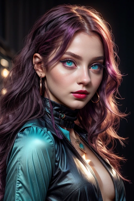 beautiful young girl with wavy purple hair, (((waist-high body view))), black necklace around the neck, ((light bright turquoise eyes)), Artgerm, Стэнли Artgerm Лау, a digital painting of an, digital art, (((without outerwear))), ((((I look at the viewer)))), ((pale red lips)), (pale skin), Heavy black makeup, black eyeliner and eye shadow, high volume hair, (cute face), photo realistic, masterpiece, 1 girl, Best quality, portrait, 8K, Hyper-realistic lighting,