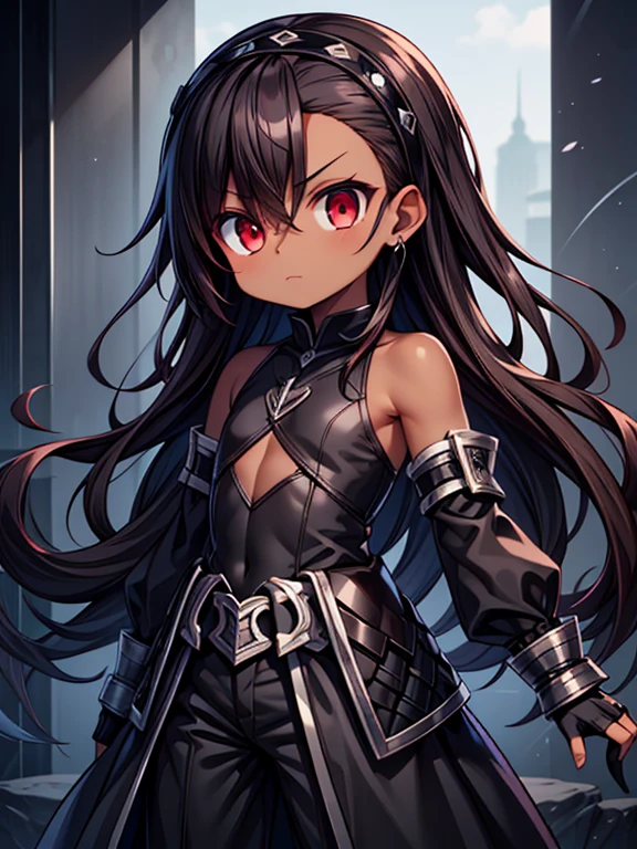 Masterpiece High res, high definition, (((dark skin tone))),dark skin male, dark skin, cute shota,red eyes, black hair Accessory, brown hair, long dark brown hair,wearing a black exoskeleton, black detached sleeves, black skin tight sleeveless shirt, black armoured Gauntlets, black bodysuit,black exoskeleton, black fingerless gloves,