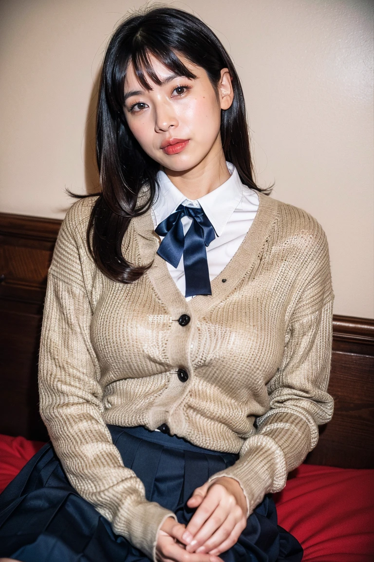 (((8k、High resolution、highest quality、High resolution)))alone、Natural body shape、White skin、Natural Makeup、Black Hair、bangs、Straight Long Hair、、(High 、Beige cardigan、white collared long sleeve blouse、blue plaid pleated skirt、Blue school ribbon)、、(Big Breasts:1.3)、((The upper body is wearing a uniform))、(((((Looking at the camera)))))、(((Head to shin portrait)))、(((Exposing thighs)))、Bedroom、On the bed、Sit with your legs apart、((Focus on the crotch))、White socks