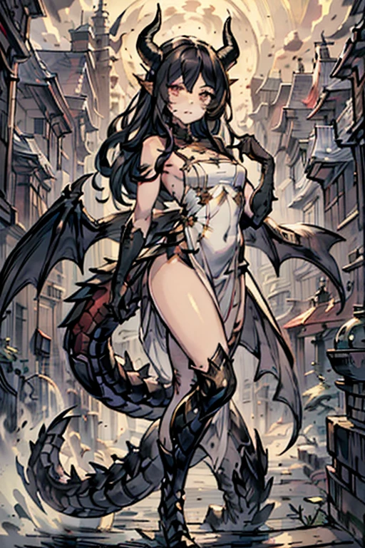 1girl, glowing eyes, wavy hair, demure ornate dress, scales, scales on face, dragon wings, medium chest, dragon horns, under the moon, slender figure, scaled humanoid, dragon eyes, (Intricate details:1.2), (Highly detailed face and eyes:1.2), high sharpness, high textures
