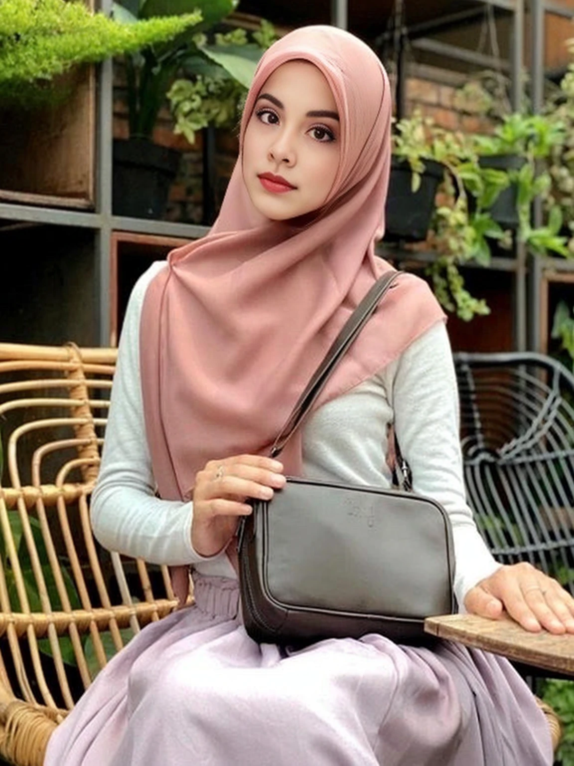 A woman is sitting on a bench with a wallet in her hand., Malaysian, Inspired by Nazmi Siya Kuran, Inspired by Shady Safadi, Inspired by NASA, hijab, Zenra Taliyah, Inspired by Fathi Hassan, beautiful woman, handsome girl, Grayish brown, 🤬 🤮 💕 🎀, Dilraba Dilmurat, 👁🌹👾
